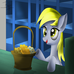 Size: 2300x2300 | Tagged: safe, artist:mrbrunoh1, derpy hooves, pegasus, pony, g4, slice of life (episode), basket, female, high res, mare, muffin, scene interpretation, solo