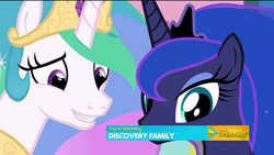 Size: 1920x1080 | Tagged: safe, screencap, princess celestia, princess luna, g4, slice of life (episode), awkward, awkward smile, discovery family, discovery family logo, smiling, teeth