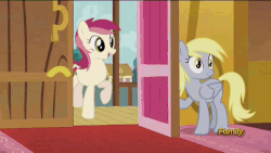 Size: 500x281 | Tagged: safe, artist:silentmatten, edit, screencap, derpy hooves, doctor whooves, roseluck, time turner, pony, g4, slice of life (episode), animated, derpy's door, discovery family logo, door, lock, love triangle, male, open mouth, raised hoof, ship:doctorderpy, ship:doctorrose, shipping, shipping denied, smiling, stallion, straight