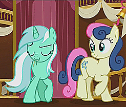 Size: 246x209 | Tagged: safe, screencap, bon bon, lyra heartstrings, sweetie drops, earth pony, pony, unicorn, g4, slice of life (episode), animated, butt bump, butt to butt, butt touch, female, mare
