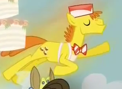 Size: 300x220 | Tagged: safe, screencap, carrot cake, matilda, earth pony, pony, g4, slice of life (episode), content, eyes closed, falling with style, flying, majestic as fuck, male, solo, stallion