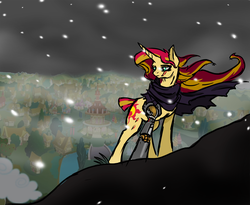 Size: 1212x994 | Tagged: safe, artist:afallenwolf, sunset shimmer, cyborg, pony, unicorn, equestria girls, g4, backwards cutie mark, ponyville, search for twilight, snow