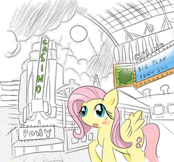 Size: 600x559 | Tagged: safe, artist:timorikawa, fluttershy, pegasus, pony, g4, casino, city, female, las pegasus, solo