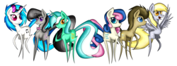 Size: 6474x2424 | Tagged: safe, artist:flamevulture17, bon bon, derpy hooves, dj pon-3, doctor whooves, lyra heartstrings, octavia melody, sweetie drops, time turner, vinyl scratch, earth pony, pegasus, pony, unicorn, g4, slice of life (episode), background six, backwards cutie mark, female, male, mare, pointy ponies, simple background, stallion, transparent background