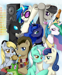 Size: 1024x1232 | Tagged: safe, artist:evomanaphy, bon bon, derpy hooves, dj pon-3, doctor whooves, gummy, kevin, lyra heartstrings, octavia melody, princess celestia, princess luna, sweetie drops, time turner, vinyl scratch, alicorn, changeling, earth pony, pegasus, pony, unicorn, g4, slice of life (episode), background six, bedroom eyes, bow (instrument), bowtie, clothes, crown, eye contact, female, food, fourth doctor's scarf, frown, grin, hoof hold, horn, jewelry, lesbian, looking at each other, looking at someone, male, mare, muffin, octavia's bowtie, peytral, regalia, royal sisters, scarf, ship:lyrabon, shipping, siblings, sisters, smiling, smiling at each other, smirk, stallion, striped scarf, vinyl's glasses