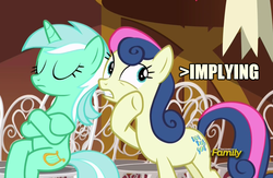 Size: 800x520 | Tagged: safe, screencap, bon bon, lyra heartstrings, sweetie drops, g4, slice of life (episode), eyes closed, image macro, implying, meme, sitting, whispering