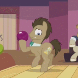 Size: 313x315 | Tagged: safe, screencap, doctor whooves, jeff letrotski, time turner, earth pony, pony, g4, slice of life (episode), animated, bowling, fred flintstone bowling pose, male, solo, stallion