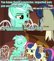 Size: 960x1080 | Tagged: safe, screencap, bon bon, lyra heartstrings, sweetie drops, earth pony, pony, unicorn, g4, slice of life (episode), dialogue, duo, expensive imported oats, female, herbivore, image macro, mare, meme, oats
