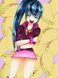 Size: 2445x3246 | Tagged: safe, artist:manhunterj, sonata dusk, equestria girls, g4, crossed arms, eyes closed, female, gem, high res, open mouth, siren gem, solo, sonataco, taco, that girl sure loves tacos, that siren sure does love tacos