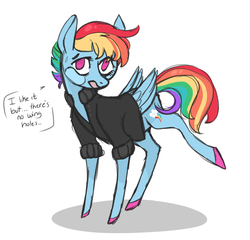 Size: 1280x1230 | Tagged: safe, artist:jellybeanbullet, rainbow dash, g4, awkward, clothes, female, open mouth, rainbow dash always dresses in style, shirt, solo, talking to viewer