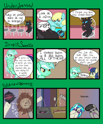 Size: 2550x3075 | Tagged: safe, artist:oneovertwo, bon bon, dj pon-3, kevin, lyra heartstrings, octavia melody, sassaflash, sweetie drops, vinyl scratch, changeling, g4, slice of life (episode), comic, expensive imported oats, high res, hooves, horse problems