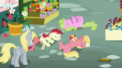 Size: 868x482 | Tagged: safe, screencap, daisy, derpy hooves, flower wishes, lily, lily valley, roseluck, pegasus, pony, g4, season 5, slice of life (episode), animated, discovery family logo, el horror!, female, flower trio, hoofy-kicks, leg twitch, mare, playing dead, spanish, subtitles, the horror, translated in the comments
