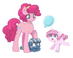 Size: 2500x2000 | Tagged: safe, artist:kianamai, pinkie pie, oc, oc:cloudy skies, oc:sugar rush, kilalaverse, g4, balloon, headband, high res, mother and daughter, next generation, offspring, parent:pinkie pie, parent:pokey pierce, parents:pokeypie, simple background, sisters, white background