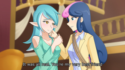 Size: 1280x721 | Tagged: safe, artist:jonfawkes, bon bon, lyra heartstrings, sweetie drops, human, g4, slice of life (episode), cleavage, elf ears, female, humanized, just friends, rope, scene interpretation, unicorns as elves