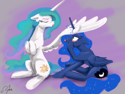 Size: 2664x2000 | Tagged: safe, artist:silfoe, princess celestia, princess luna, alicorn, pony, royal sketchbook, g4, season 5, slice of life (episode), :p, akanbe, crossed hooves, cute, eyelid, eyelid pull, eyes closed, female, floppy ears, high res, horn, horn impalement, majestic as fuck, making faces, mare, missing accessory, nose wrinkle, raspberry, sibling rivalry, sibling teasing, siblings, sitting, taunt, tongue out