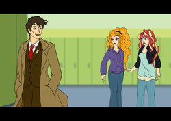 Size: 4961x3508 | Tagged: safe, artist:westphalianartist, adagio dazzle, doctor whooves, sunset shimmer, time turner, equestria girls, g4, alternate clothes, clothes, crossover, david tennant, doctor who, handsome, hoodie, open mouth, school, story included, suit, tenth doctor, the doctor