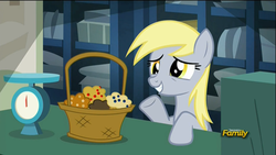 Size: 1366x768 | Tagged: safe, screencap, derpy hooves, pegasus, pony, g4, slice of life (episode), cute, derpabetes, female, grin, i just don't know what went wrong, mare, muffin, smiling, solo, squee, waving