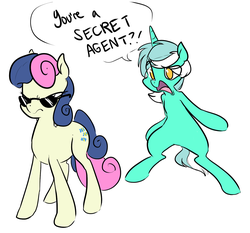 Size: 1455x1357 | Tagged: safe, artist:glacierclear, bon bon, lyra heartstrings, sweetie drops, earth pony, pony, unicorn, g4, slice of life (episode), angry, bipedal, bon bond, dialogue, duo, frown, open mouth, secret agent sweetie drops, simple background, sunglasses, white background, yelling