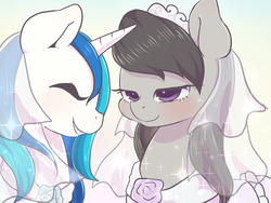 Size: 1024x768 | Tagged: safe, artist:ayahana, dj pon-3, octavia melody, vinyl scratch, earth pony, pony, unicorn, clothes, dress, eyes closed, female, lesbian, mare, married couple, open mouth, scratchtavia, shipping, smiling, wedding, wedding dress