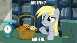 Size: 889x500 | Tagged: safe, edit, edited screencap, screencap, derpy hooves, pegasus, pony, g4, slice of life (episode), caption, female, mare, muffin, text