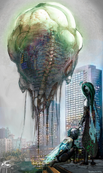 Size: 3600x6000 | Tagged: dead source, safe, artist:vitaj, queen chrysalis, changeling, human, g4, absurd resolution, bowing, changeling hive, city, humanized, invasion, science fiction, surreal