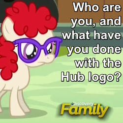 Size: 450x450 | Tagged: safe, screencap, twist, g4, slice of life (episode), caption, discovery family, discovery family logo, female, glasses, image macro, question, solo