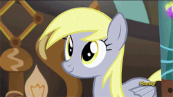 Size: 445x250 | Tagged: safe, screencap, derpy hooves, pegasus, pony, g4, slice of life (episode), animated, cute, derpy being derpy, discovery family logo, eyes closed, female, head shake, mare, shake, smiling, solo, underp