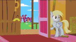 Size: 712x400 | Tagged: safe, edit, screencap, cheerilee (g3), derpy hooves, pinkie pie (g3), scootaloo (g3), starsong, pegasus, pony, g3, g3.5, g4, slice of life (episode), animated, derpy's door, female, mare