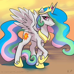 Size: 1500x1500 | Tagged: safe, artist:kp-shadowsquirrel, princess celestia, alicorn, pony, g4, crown, female, hair over one eye, horseshoes, jewelry, mare, peytral, raised hoof, regalia, solo, spread wings, wings
