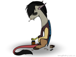 Size: 1024x768 | Tagged: safe, artist:suenden-hund, discord, g4, askemodiscord, cigarette, concave belly, emo, energy drink, lighter, male, monster energy, ribs, simple background, sitting, skinny, smoking, solo, thin, transparent background