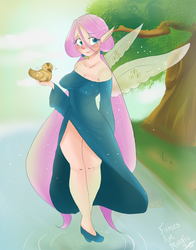 Size: 1100x1400 | Tagged: safe, artist:fairiesaremagic, fluttershy, bird, fairy, human, g4, clothes, cute, dress, elf ears, fairies are magic, humanized, looking at you, side slit