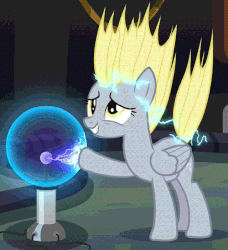 Size: 548x600 | Tagged: safe, screencap, derpy hooves, pegasus, pony, g4, slice of life (episode), animated, derpy being derpy, electricity, female, grin, mare, plasma ball, smiling, solo, tesla coil