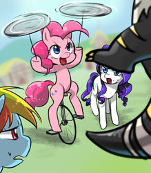 Size: 700x800 | Tagged: safe, artist:quizia, pinkie pie, rainbow dash, rarity, bugbear, pony, g4, slice of life (episode), female, mare, open mouth, pinkie being pinkie, plate spinning, unicycle