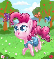 Size: 825x895 | Tagged: safe, artist:mcponyponypony, pinkie pie, butterfly, g4, clothes, cute, diapinkes, dress, female, flower, meadow, solo, sundress