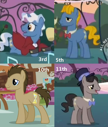 Size: 556x657 | Tagged: safe, screencap, doctor whooves, eleventh hour, perfect pace, perry pierce, pokey pierce, time turner, earth pony, pony, g4, sweet and elite, eleventh doctor, fifth doctor, male, stallion, tenth doctor, third doctor