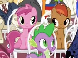 Size: 399x298 | Tagged: safe, screencap, button mash, colter sobchak, jeff letrotski, princess luna, ruby pinch, spike, twinkleshine, earth pony, pony, g4, my little pony: friendship is magic, slice of life (episode), colt, eye contact, implied cremation, implied death, liquid button, looking at each other, male, the dude