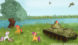 Size: 1024x592 | Tagged: safe, artist:bacbko, apple bloom, babs seed, scootaloo, sweetie belle, earth pony, pegasus, pony, unicorn, g4, blank flank, cutie mark crusaders, grass, mig-3, plane, river, t-34, tank (vehicle), water