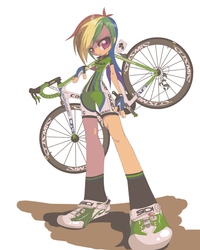 Size: 1024x1280 | Tagged: dead source, safe, artist:fr3, rainbow dash, human, g4, bicycle, female, humanized, pixiv, solo