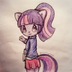 Size: 1394x1394 | Tagged: safe, artist:gummigator, twilight sparkle, anthro, g4, clothes, female, skirt, solo, traditional art