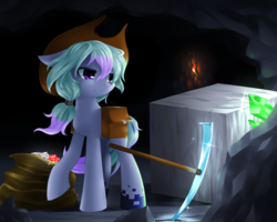 Size: 1000x800 | Tagged: dead source, safe, artist:hashioaryut, oc, oc only, pony, bag, cave, hat, minecraft, pickaxe, saddle bag, solo