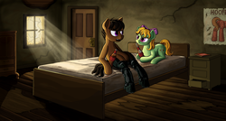 Size: 3663x1958 | Tagged: safe, artist:nukechaser, oc, oc only, oc:anon 69, oc:diced cut, cyborg, fallout equestria, /foe/, amputee, bed, fallout, poster, sparkle cola, table, window