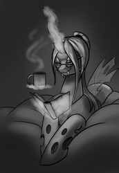 Size: 643x934 | Tagged: safe, artist:mistermech, queen chrysalis, changeling, changeling queen, g4, book, coffee, drawfag, female, glasses, magic, monochrome, reading, solo