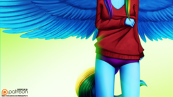 Size: 3112x1750 | Tagged: safe, artist:rublegun, rainbow dash, pegasus, anthro, g4, clothes, feathered wings, female, gradient background, head out of frame, high res, multicolored hair, multicolored tail, panties, patreon, patreon link, patreon logo, purple underwear, solo, spread wings, sweater, tail, underwear, wings
