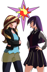 Size: 1191x1814 | Tagged: safe, artist:smilingdogz, sci-twi, sunset shimmer, twilight sparkle, human, equestria girls, g4, my little pony equestria girls: friendship games, clothes, crossed arms, cutie mark, duo, female, glasses, hand on hip, humanized, looking at each other, simple background, skirt, vest, white background