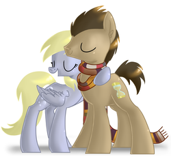Size: 5247x4897 | Tagged: safe, artist:roaert, derpy hooves, doctor whooves, time turner, earth pony, pony, g4, slice of life (episode), absurd resolution, clothes, female, fourth doctor's scarf, hug, male, mare, scarf, scene interpretation, stallion, striped scarf