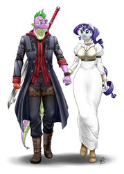 Size: 645x900 | Tagged: safe, artist:pia-sama, rarity, spike, anthro, g4, devil may cry, devil may cry 4, female, holding hands, kyrie (devil may cry), male, nero (devil may cry), older, older spike, ship:sparity, shipping, straight