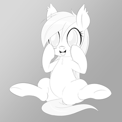 Size: 1699x1698 | Tagged: safe, artist:randy, oc, oc only, oc:aryanne, pony, black and white, chest fluff, ear fluff, grayscale, happy, monochrome, outline, sitting, smiling, solo, spread legs, touching face, underhoof