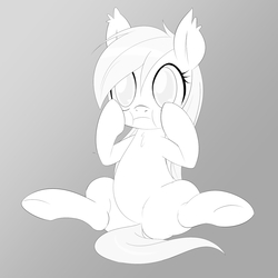 Size: 1699x1698 | Tagged: safe, artist:randy, oc, oc only, oc:aryanne, black and white, chest fluff, frown, grayscale, hooves on face, monochrome, oh my gah, outline, sitting, solo, spread legs, underhoof