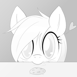 Size: 1024x1024 | Tagged: safe, artist:randy, oc, oc only, oc:aryanne, aryanbetes, black and white, cookie, cookie monster, cookie thief, cute, drool, face, grayscale, heart, looking at you, monochrome, nom, orange, smiling, solo, table