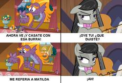 Size: 768x528 | Tagged: safe, octavia melody, steven magnet, g4, slice of life (episode), burroctavia, cello, comic, musical instrument, screencap comic, spanish, translated in the description